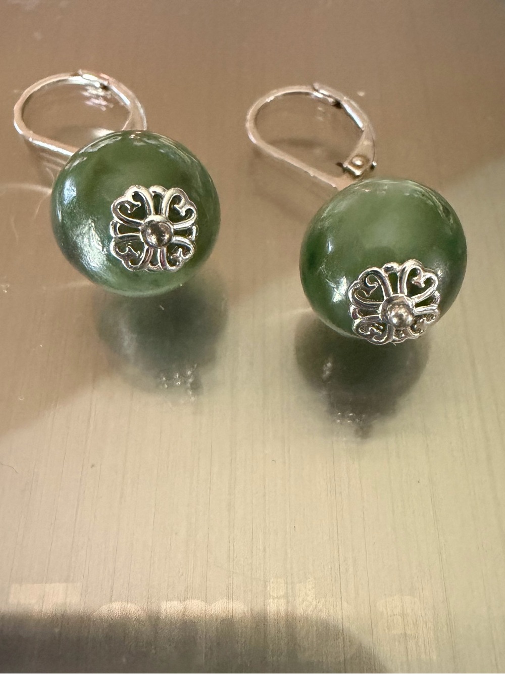 Sterling 925 and Jade Stone Bead Leverback Earrings with Silver Flower